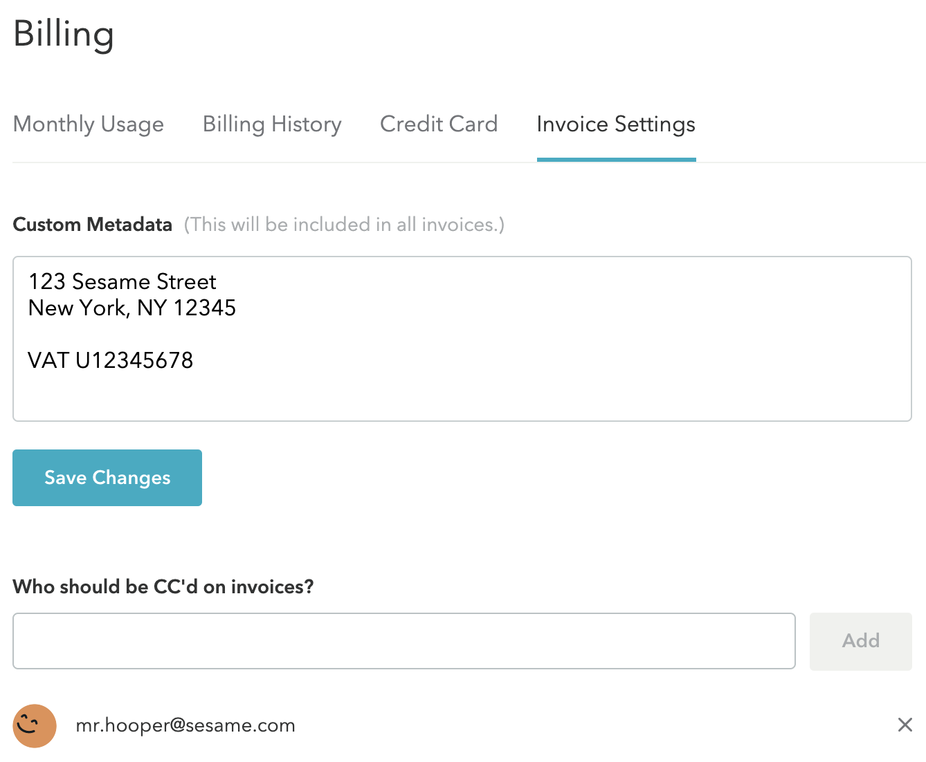 Screenshot showing the billing invoice settings inputs