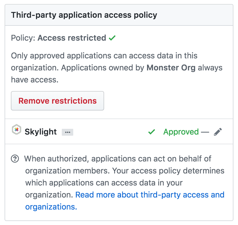 Screenshot of the GitHub third party access page